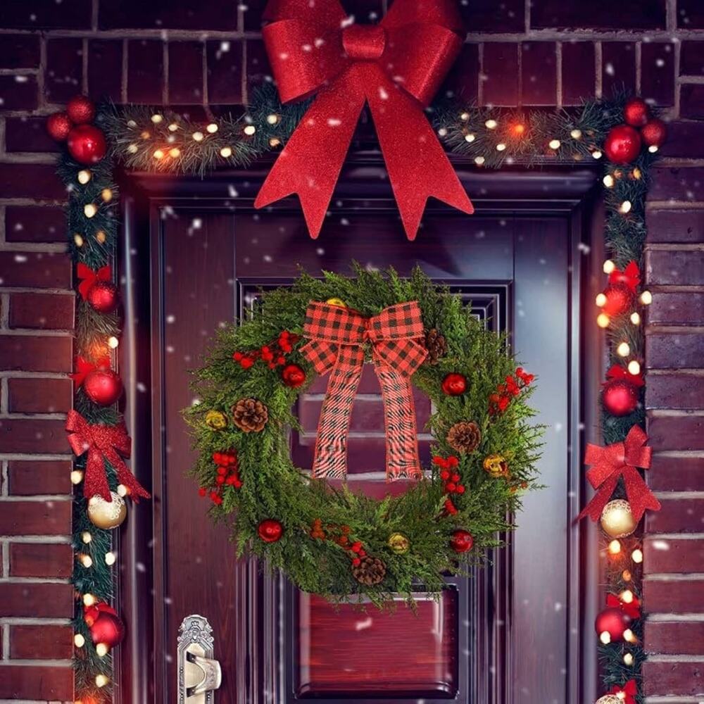 New Christmas Wreath, Artificial Large Wreath with Pine Cone Red Berry